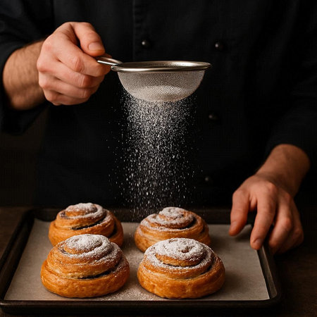 Baker sprinkles sugar on cinnamon buns, close-upの写真素材