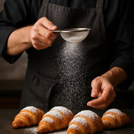 Croissants sprinkled with powdered sugar in the hands of a pastry chefの写真素材