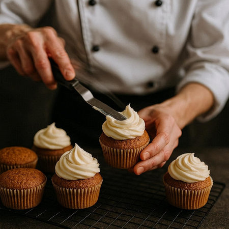 Cropped image of male chef decorating cupcakes with cream cheese frosting.の写真素材