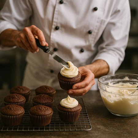 Cropped image of male pastry chef preparing cupcakes in the kitchenの写真素材