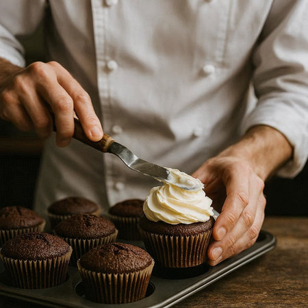 Close-up of male hands with knife cutting chocolate muffins.