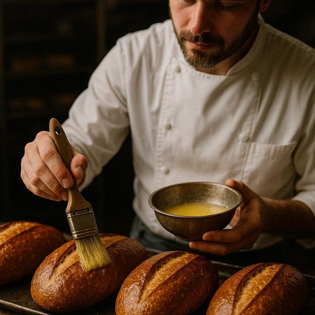 Close-up of the hands of a baker in a white uniform decorating bread with a brush.