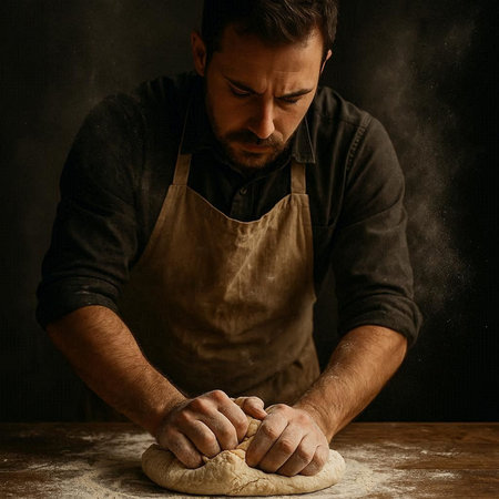 Man kneading dough on a wooden table over dark background.の写真素材