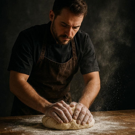 Man kneads the dough with flour on a dark background.