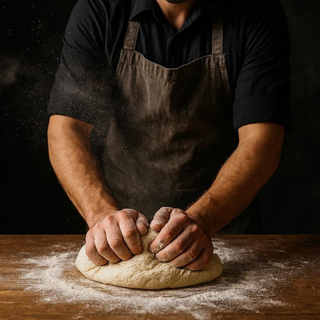 Male hands kneading dough on wooden table with flour on dark background