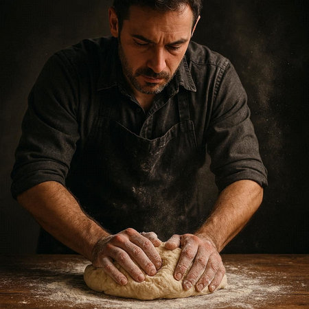 Man kneading dough on a dark background. Selective focus.