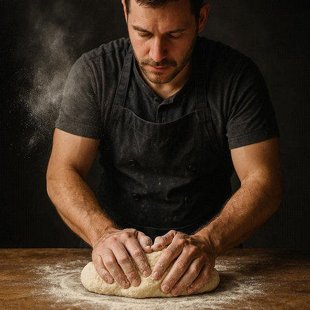 Man kneading dough on wooden table over dark background, studio shotの写真素材