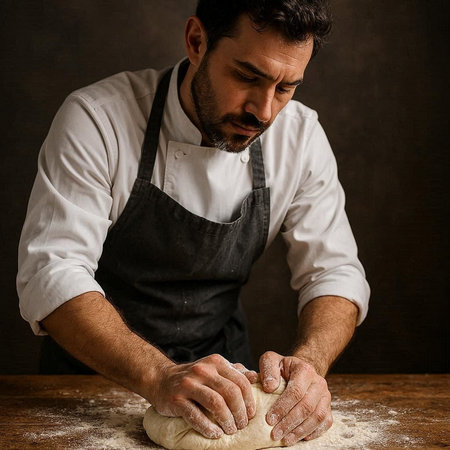 Man kneading dough on wooden table over dark background, selective focus
