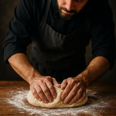 The chef kneads the dough on a wooden table with flour