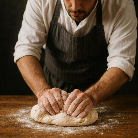 A man kneads a dough on a wooden table with flour.