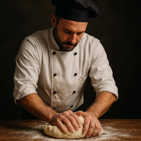 The chef kneads the dough on a wooden table on a dark background