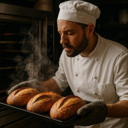 Handsome male baker in white uniform and gloves holding freshly baked bread in the oven