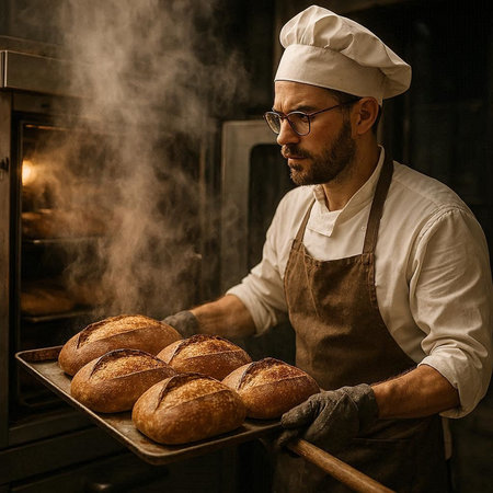 Baker holding a tray of freshly baked bread in his bakery.