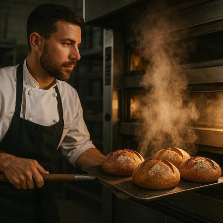 Handsome baker in apron working with fresh bread in bakery
