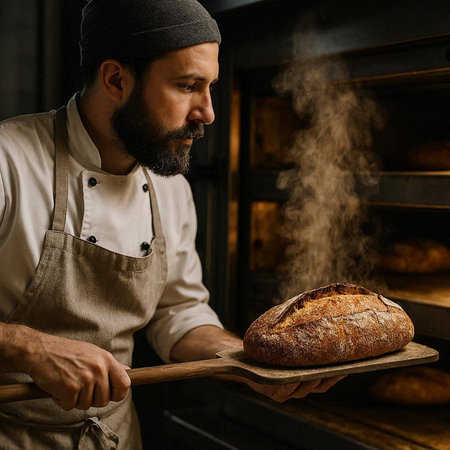 Handsome bearded baker holding a loaf of bread in his bakery