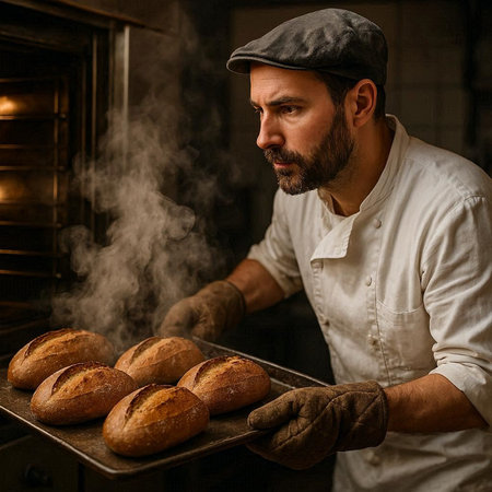 Baker holding freshly baked bread in the oven. Bakery.
