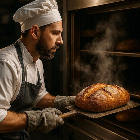 Portrait of a male baker holding a loaf of bread in his bakery