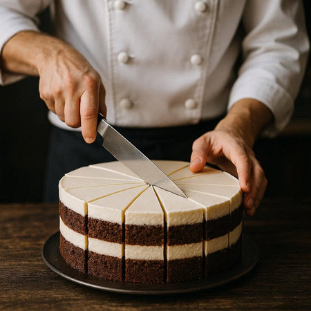 Chef cutting a chocolate cake with a knife on a black plate