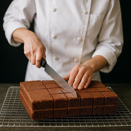 Chef cutting chocolate cake with a knife on a dark background.の写真素材