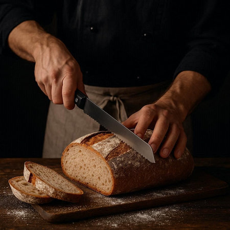 Close up of male hands cutting bread with a knife. Dark background.