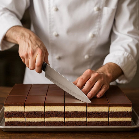 Chef cutting a chocolate cake with a knife on a baking tray