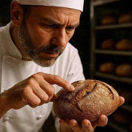 Close-up of a baker holding a freshly baked loaf of bread