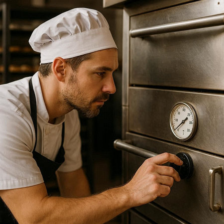 Male chef in uniform and hat at restaurant kitchen checking the temperature.の写真素材
