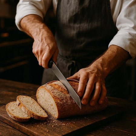 Close-up of a man's hands cutting a loaf of bread.