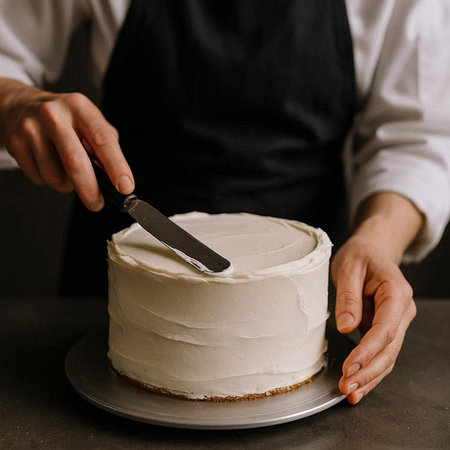 Female pastry chef in a black apron decorates a cake with white frosting.の写真素材