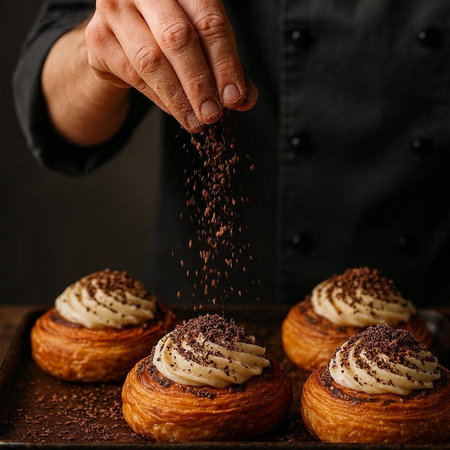 Chef sprinkling cocoa powder on cinnamon buns, closeup