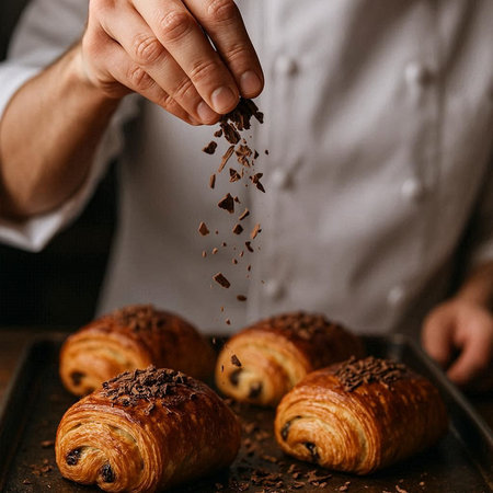 Croissants sprinkled with chocolate on a baking sheet in a bakery