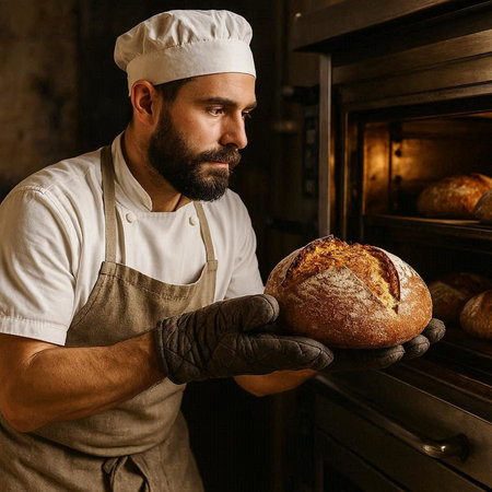 Baker holding freshly baked loaf of bread in his hands at bakery