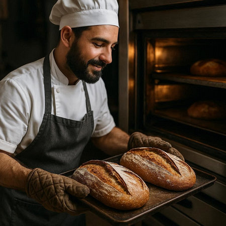 Baker holding tray with freshly baked bread in bakery. Freshly baked bread.