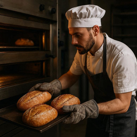 Baker holding freshly baked bread in the oven. Bakery.