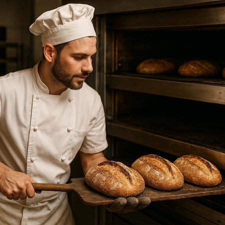 Young male baker holding a tray with freshly baked bread in his bakery