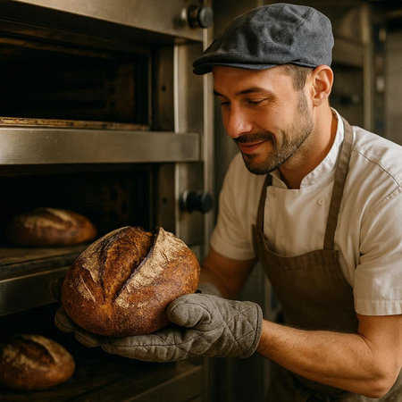Handsome baker in apron holding freshly baked bread in bakery