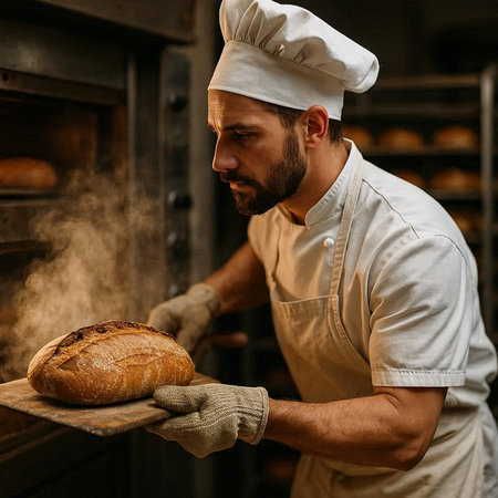 Baker in a bakery. The baker is holding a fresh loaf of bread.