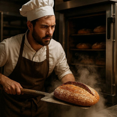 Portrait of a male baker holding a loaf of bread in the oven.
