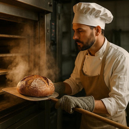 Baker holding a tray with freshly baked bread in his bakery.