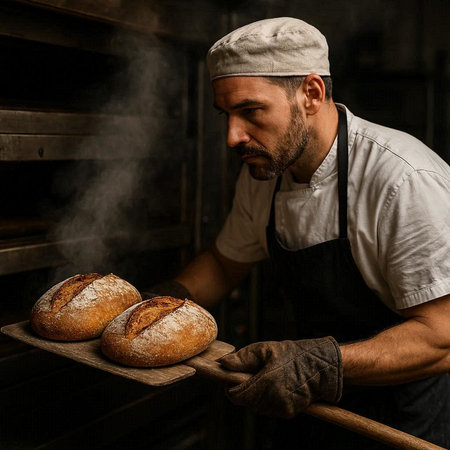 Portrait of a male baker holding bread in his hands and looking at it.