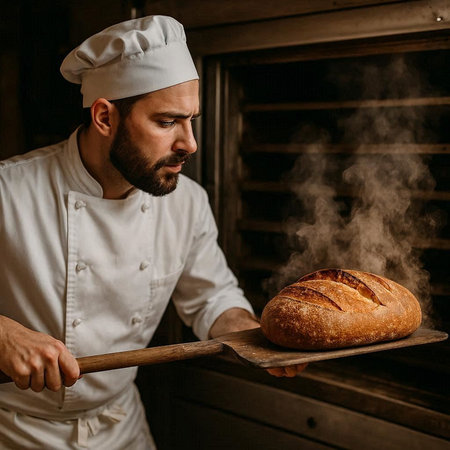 Baker holding a wooden board with freshly baked bread in the kitchen
