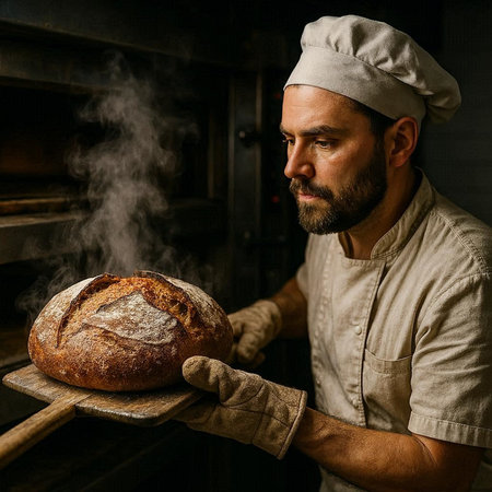 Caucasian baker in uniform and hat holding freshly baked bread in bakery.