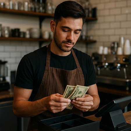 handsome barista counting dollar banknotes at counter in coffee shop