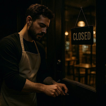 Portrait of a handsome young man in apron opening the door with closed sign.