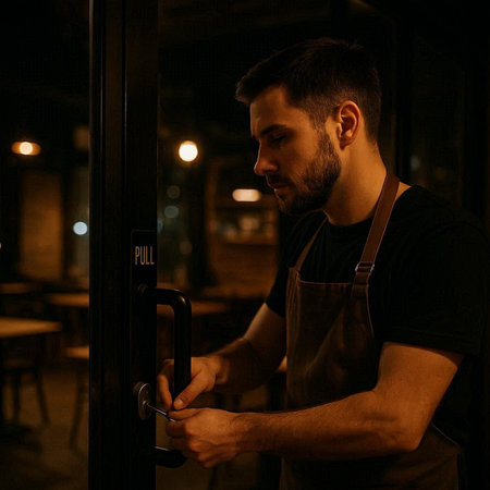 Handsome man in apron opening door of cafe at night