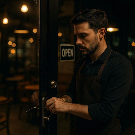 Attractive young man opening the door of a restaurant at night.