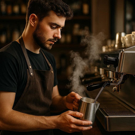 Portrait of a handsome barista preparing a cup of coffee.の写真素材
