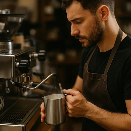 Portrait of a handsome barista preparing a cup of coffee.