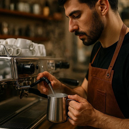 Barista pouring milk into a cup of coffee in a coffee shopの写真素材
