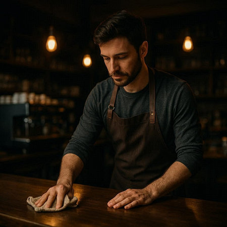 Handsome barman cleaning a bar counter in a pub.